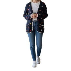 Marisa Christina Red Blue Nautical Sailing Motif Vintage Cardigan Sweater Large